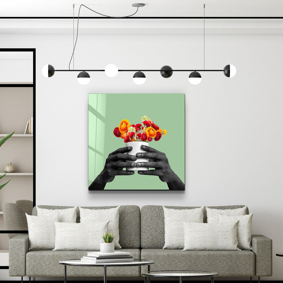 ."Holding the Flower - Green". Contemporary Collection Glass Wall Art